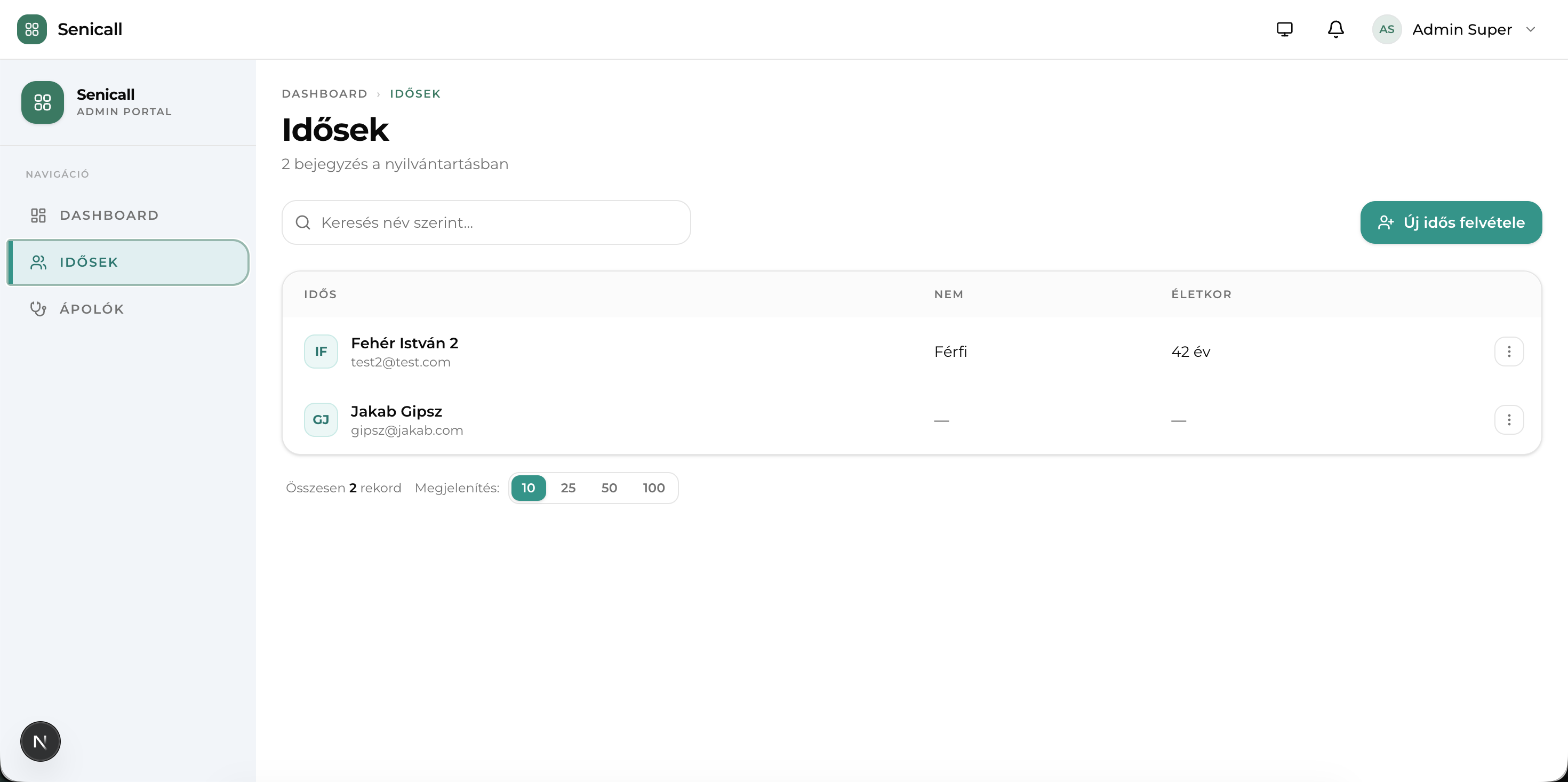 Senicall admin portál — Idősek nyilvántartása lista nézet