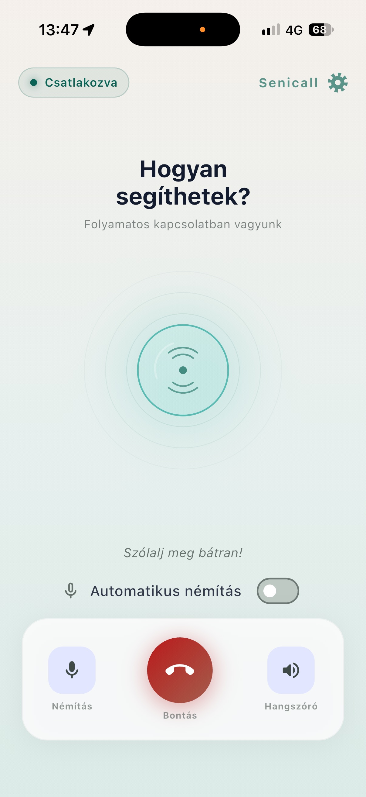 SeniCall beszélgetési képernyő aktív hívás közben