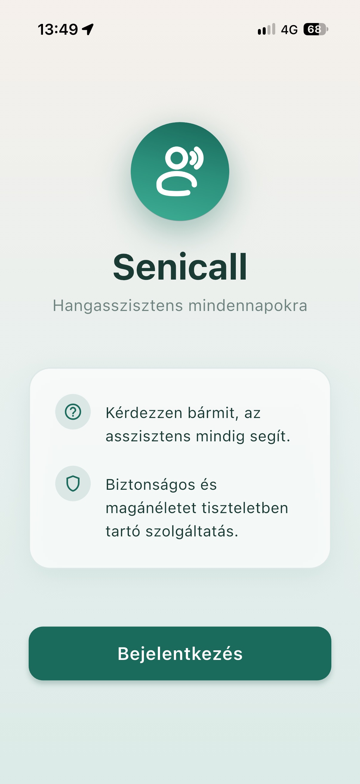 SeniCall app kezdőképernyő, beszélgetés indítása előtt